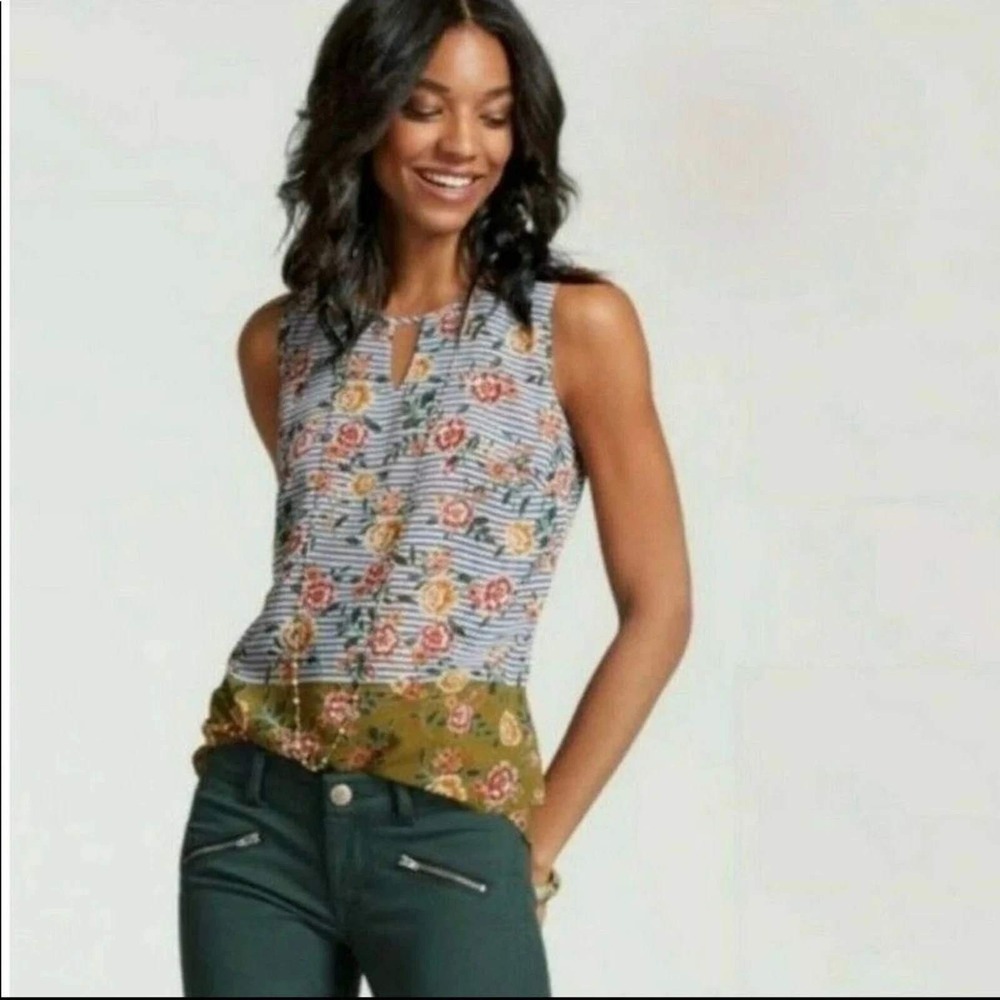 Cabi Penelope‎ Tank Top Floral Striped Blouse Keyhole Top Women's Size M Caeer